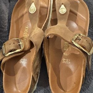 Birkenstock Tan Sandals with Gold Accents